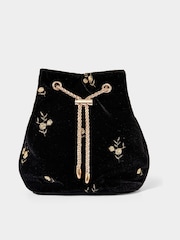 Joe Browns Black Rose Embroidered Velvet Bucket Bag - Image 1 of 4