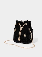 Joe Browns Black Rose Embroidered Velvet Bucket Bag - Image 2 of 4