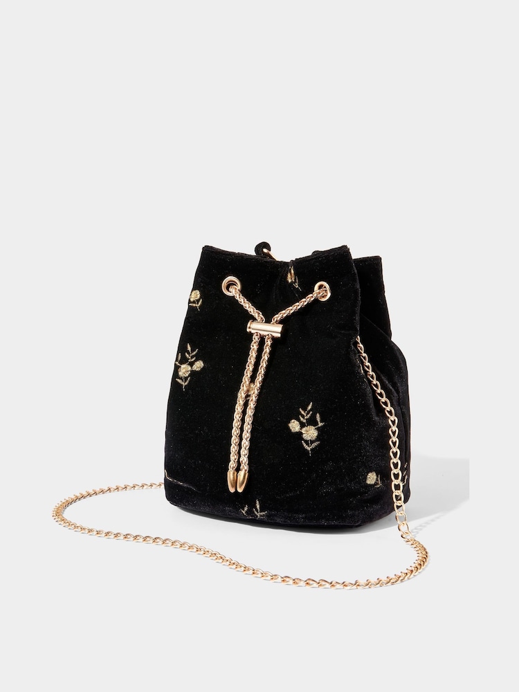 Joe Browns Black Rose Embroidered Velvet Bucket Bag - Image 2 of 4