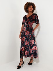 Joe Browns Berry/Black Rose Floral Tie Waist Velour V-Neck Dress - Image 1 of 5