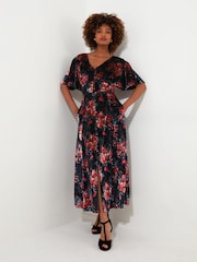 Joe Browns Berry/Black Rose Floral Tie Waist Velour V-Neck Dress - Image 2 of 5