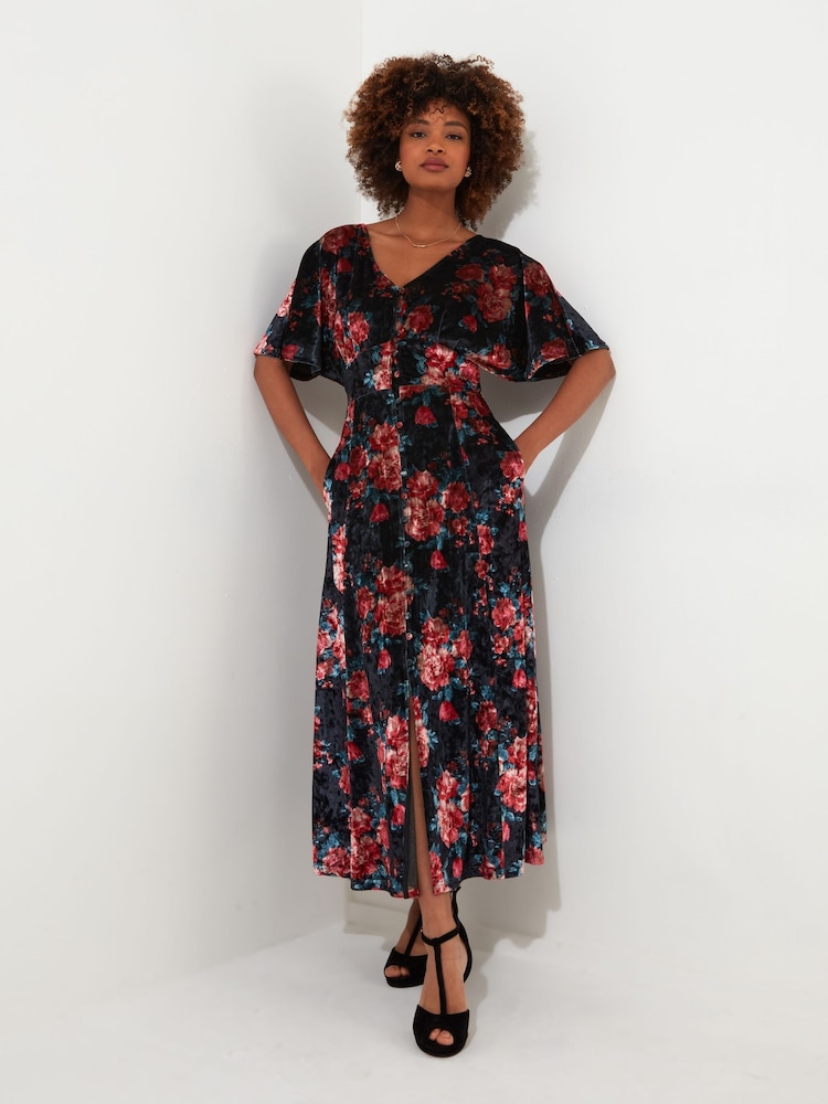 Joe Browns Berry/Black Rose Floral Tie Waist Velour V-Neck Dress - Image 2 of 5