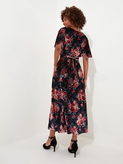 Joe Browns Berry/Black Rose Floral Tie Waist Velour V-Neck Dress - Image 3 of 5
