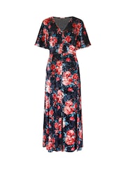 Joe Browns Berry/Black Rose Floral Tie Waist Velour V-Neck Dress - Image 5 of 5
