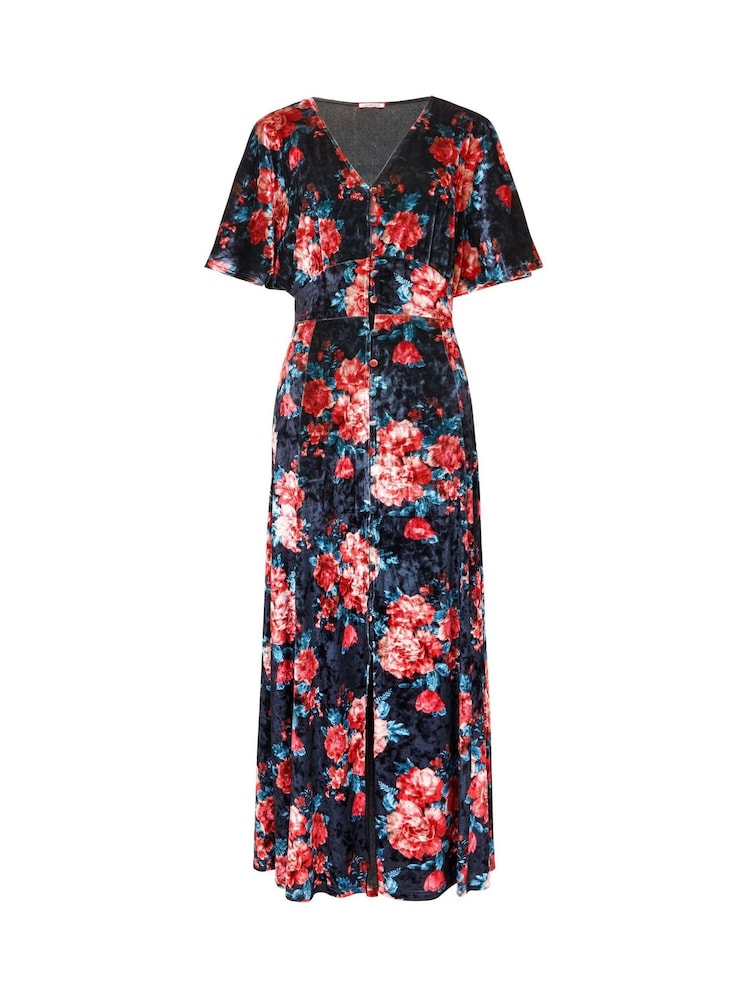Joe Browns Berry/Black Rose Floral Tie Waist Velour V-Neck Dress - Image 5 of 5