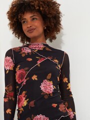 Joe Browns Black Rose Print Lettuce Frill Mesh Long Sleeve Top - Image 3 of 7