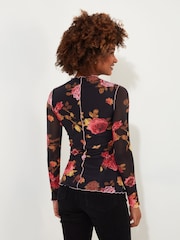 Joe Browns Black Rose Print Lettuce Frill Mesh Long Sleeve Top - Image 4 of 7