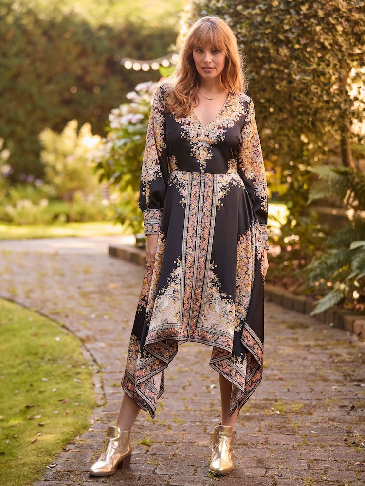 Joe Browns Black Silky Border Print Handkerchief Hem V-Neck Maxi Dress - Image 1 of 5