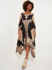 Joe Browns Black Silky Border Print Handkerchief Hem V-Neck Maxi Dress - Image 2 of 5