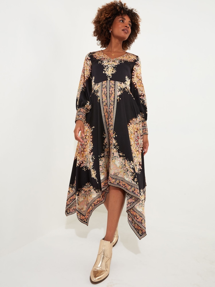 Joe Browns Black Silky Border Print Handkerchief Hem V-Neck Maxi Dress - Image 2 of 5