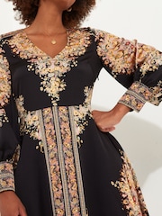 Joe Browns Black Silky Border Print Handkerchief Hem V-Neck Maxi Dress - Image 3 of 5