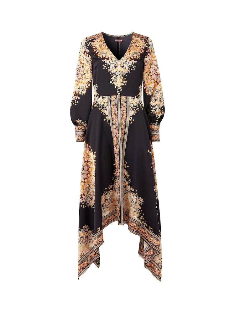 Joe Browns Black Silky Border Print Handkerchief Hem V-Neck Maxi Dress - Image 5 of 5