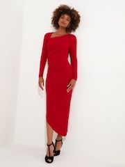 Joe Browns Red Simple Long-Sleeved Bodycon Dress with Asymmetric Neck and Hem - Image 2 of 7