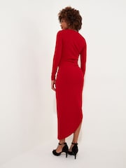Joe Browns Red Simple Long-Sleeved Bodycon Dress with Asymmetric Neck and Hem - Image 4 of 7