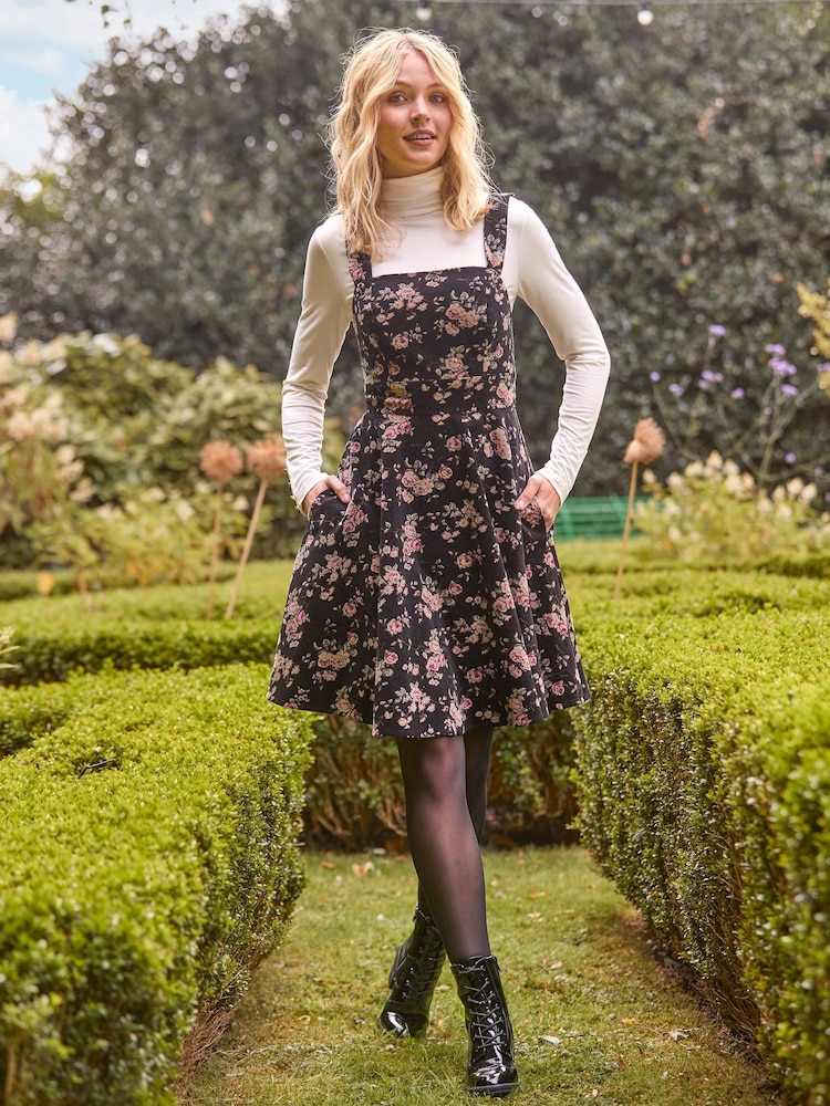 Joe Browns Black Vintage Floral Velvet Knee-Length Dress with Adjustable Straps - Image 1 of 6