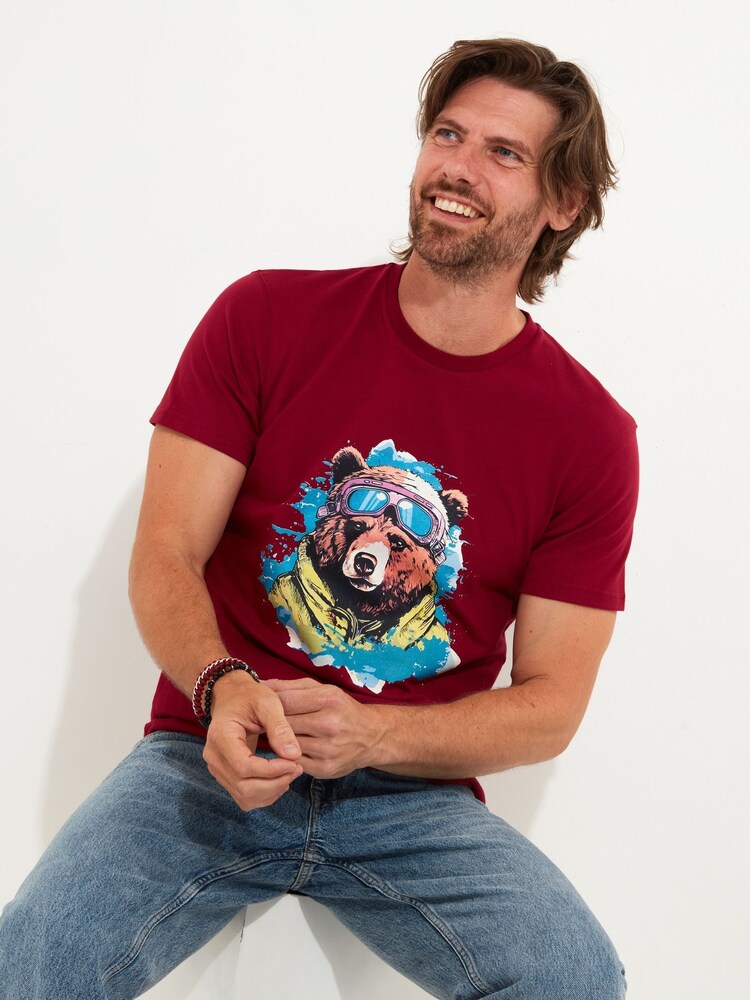 Joe Browns Red Winter Bear Short Sleeve Crew Neck Graphic 100% Cotton T-Shirt - Image 1 of 5