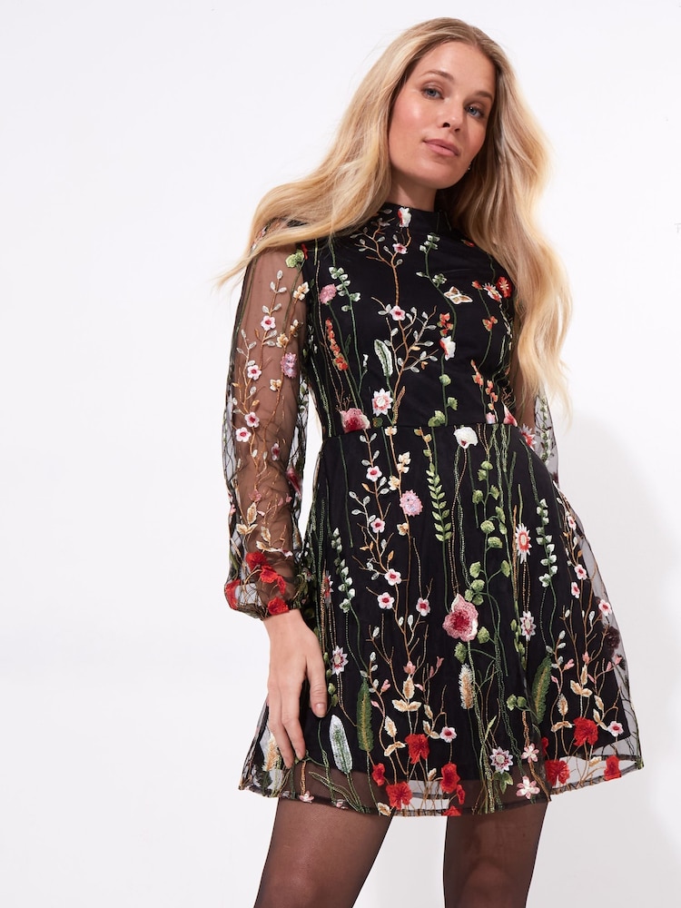Joe Browns Black Statement Floral Embroidered Mesh Mini Dress - Image 1 of 5