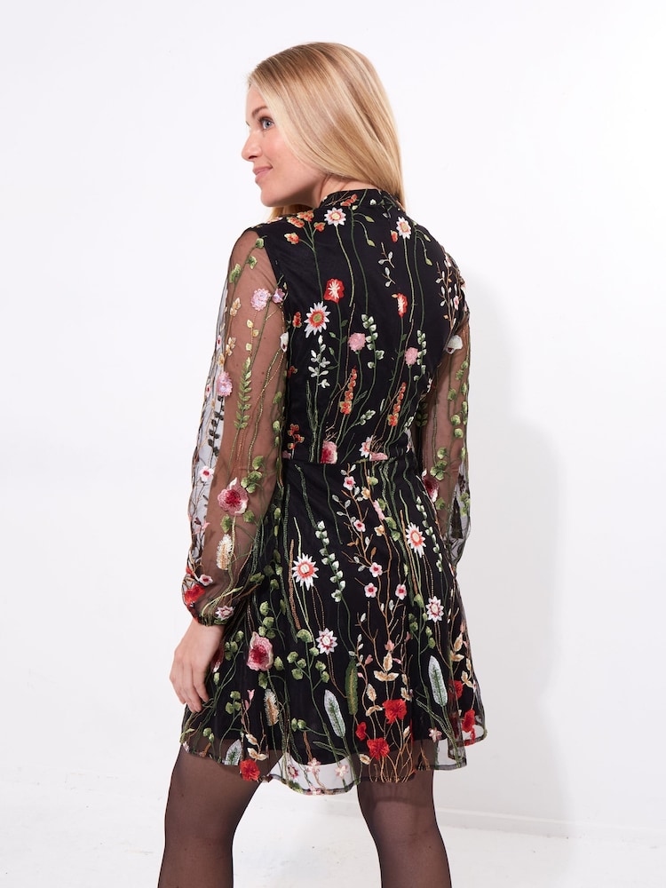 Joe Browns Black Statement Floral Embroidered Mesh Mini Dress - Image 2 of 5