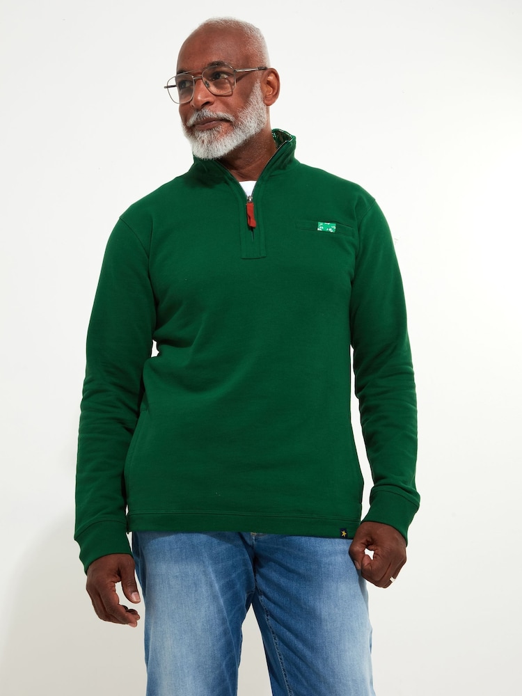 Joe Browns Green Winter Funnel Quarter Zip Neck 100% Cotton Sweatshirt with Chest Pocket - Image 1 of 5