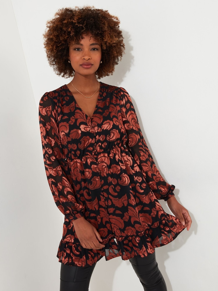 Joe Browns Orange Burnt Floral V-Neck Long Sleeve Tunic Dress with Elasticated Waist - Image 1 of 5