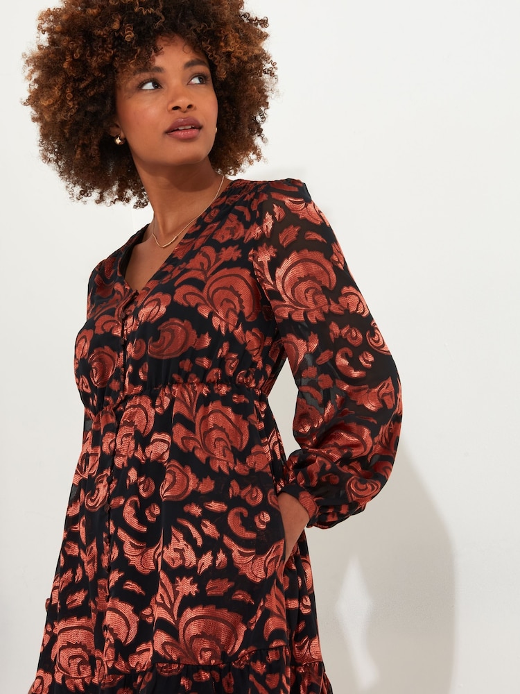 Joe Browns Orange Burnt Floral V-Neck Long Sleeve Tunic Dress with Elasticated Waist - Image 2 of 5