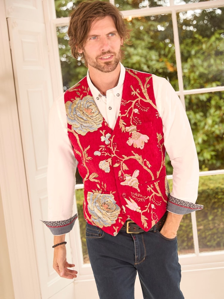 Joe Browns Red Embroidered Jacquard Suit Waistcoat - Image 1 of 8