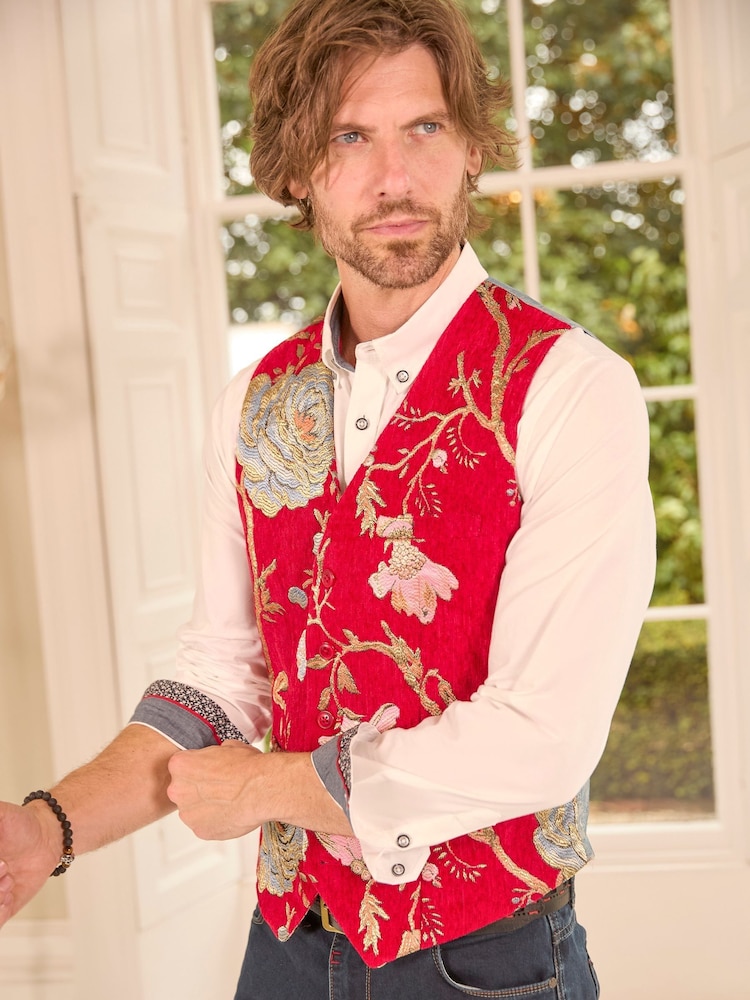 Joe Browns Red Embroidered Jacquard Suit Waistcoat - Image 2 of 8