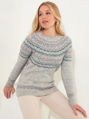 Joe Browns Grey Supersoft Fairisle Pattern Crew Neck Jumper with Ribbed Detail - Image 1 of 6