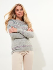 Joe Browns Grey Supersoft Fairisle Pattern Crew Neck Jumper with Ribbed Detail - Image 3 of 6