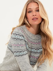 Joe Browns Grey Supersoft Fairisle Pattern Crew Neck Jumper with Ribbed Detail - Image 5 of 6