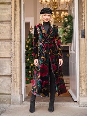 Joe Browns Black Boutique Floral Print Statement Longline Velour Coat - Image 1 of 7