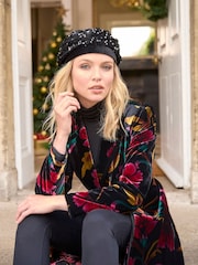 Joe Browns Black Boutique Floral Print Statement Longline Velour Coat - Image 6 of 7