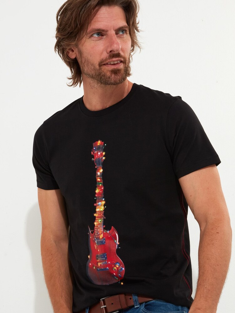 Joe Browns Black 100% Cotton Festive Novelty Christmas Lights Guitar Tree Short Sleeve Crew Neck Graphic T-Shirt - Image 1 of 5