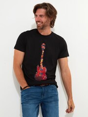 Joe Browns Black 100% Cotton Festive Novelty Christmas Lights Guitar Tree Short Sleeve Crew Neck Graphic T-Shirt - Image 3 of 5