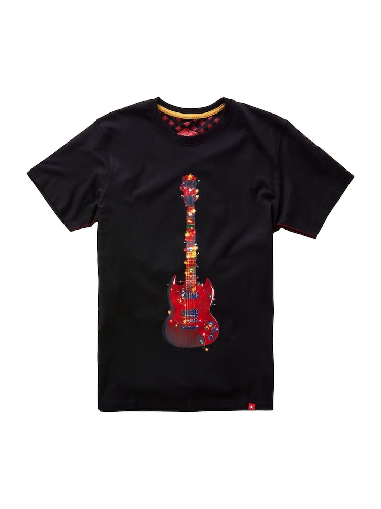 Joe Browns Black 100% Cotton Festive Novelty Christmas Lights Guitar Tree Short Sleeve Crew Neck Graphic T-Shirt - Image 5 of 5