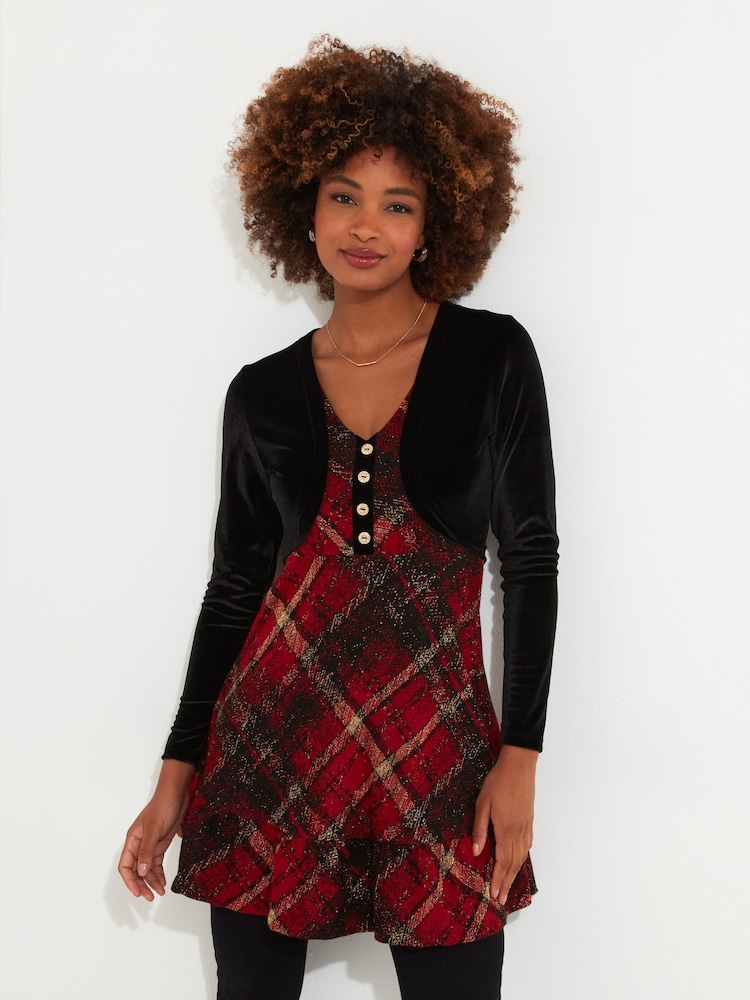 Joe Browns Red Classic Check V-Neck Tunic Dress with Velour Bolero - Image 1 of 5 Joe Browns Red Classic Check V-Neck Tunic Dress with Velour Bolero - Image 1 of 5