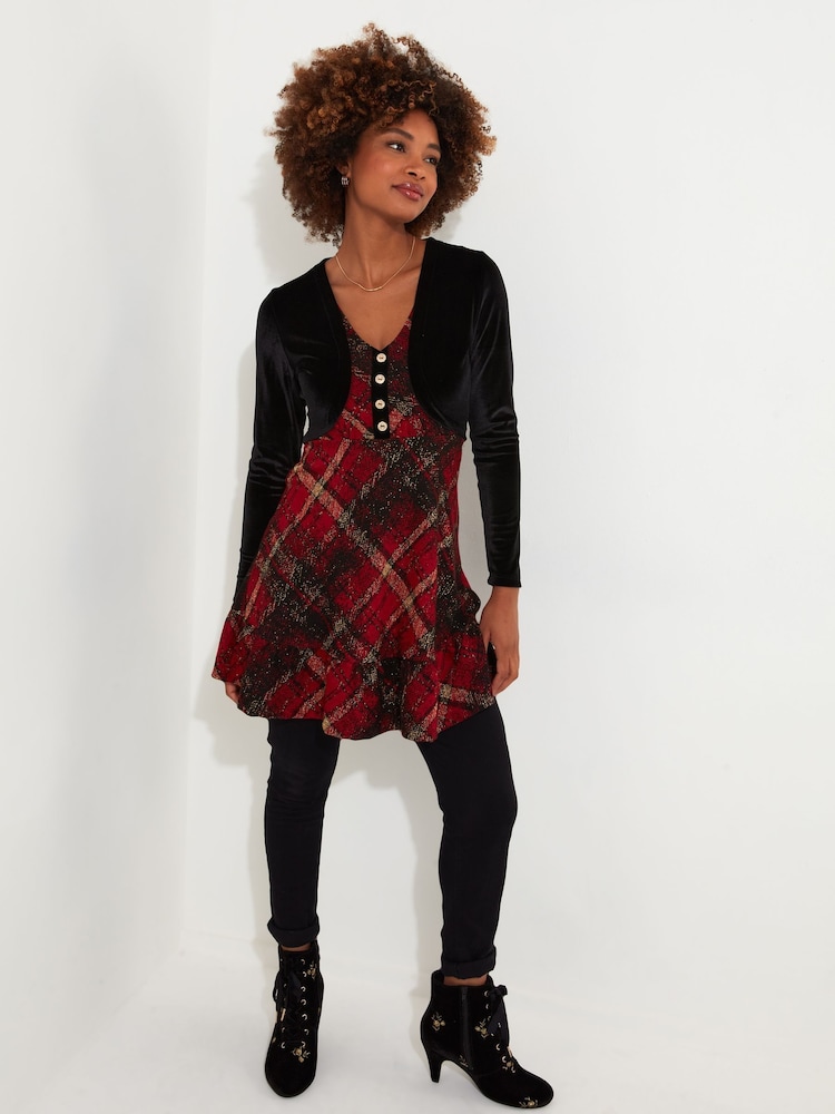Joe Browns Red Classic Check V-Neck Tunic Dress with Velour Bolero - Image 2 of 5