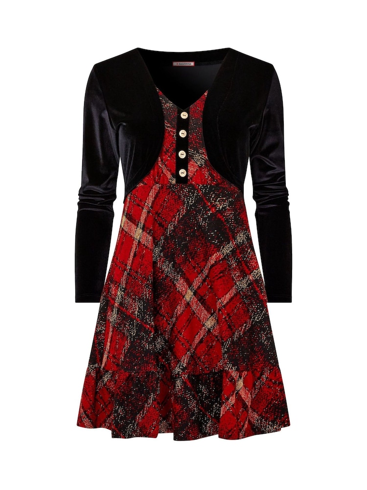 Joe Browns Red Classic Check V-Neck Tunic Dress with Velour Bolero - Image 5 of 5