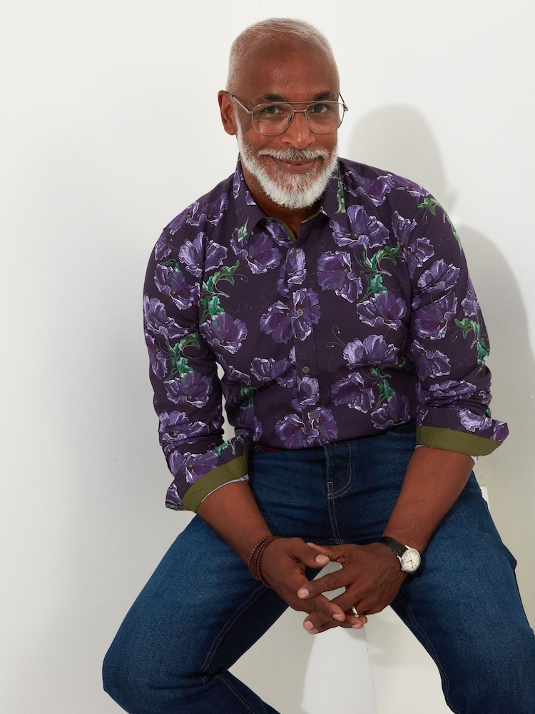 Joe Browns Purple Oversized Sketchy Florals Long Sleeve 100% Cotton Shirt - Image 1 of 5