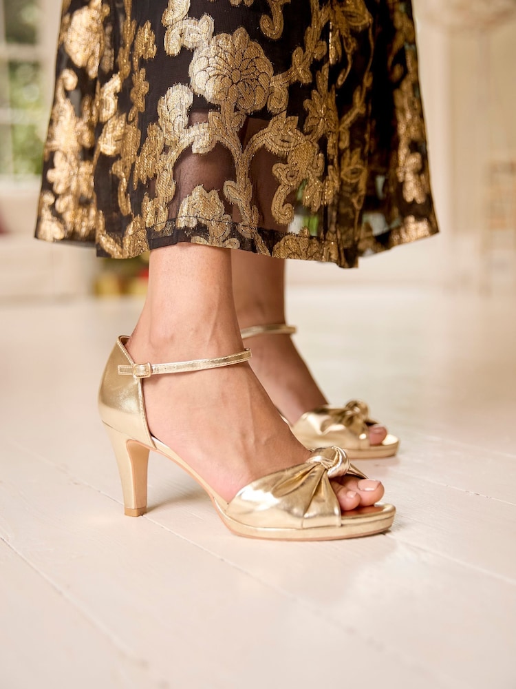 Joe Browns Gold PU Metallic Gold Knot Front Peep Toe Heels - Image 1 of 7