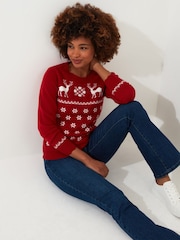 Joe Browns Red Retro Festive Reindeer Scalloped Edge Christmas Jumper - Image 1 of 6