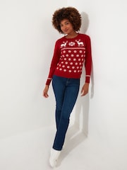 Joe Browns Red Retro Festive Reindeer Scalloped Edge Christmas Jumper - Image 3 of 6