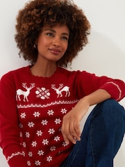 Joe Browns Red Retro Festive Reindeer Scalloped Edge Christmas Jumper - Image 4 of 6