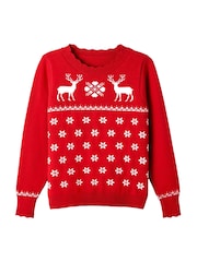 Joe Browns Red Retro Festive Reindeer Scalloped Edge Christmas Jumper - Image 6 of 6