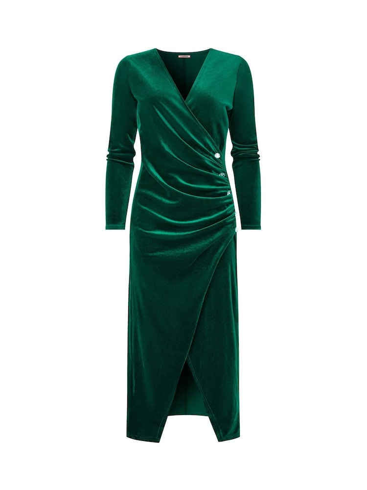Joe Browns Green Velour Long-Sleeved Wrap Dress with Flattering Side Ruching - Image 7 of 7