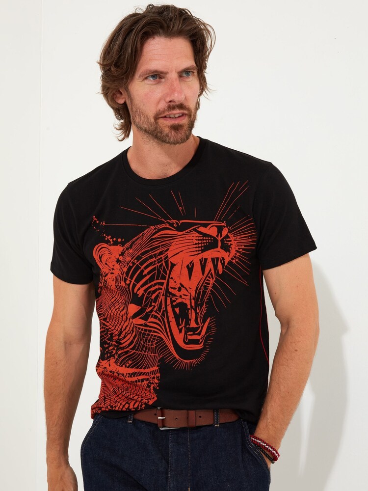 Joe Browns Black Hand Drawn Geometric Tiger Short Sleeve Crew Neck Graphic 100% Cotton T-Shirt - Image 1 of 5