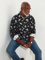 Joe Browns Black Grungy Festive Skull and Candy Cane Print Long Sleeve 100% Cotton Shirt - Image 1 of 5