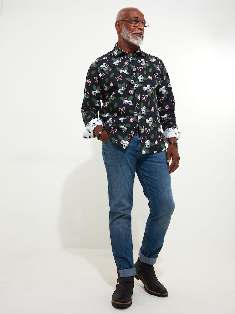 Joe Browns Black Grungy Festive Skull and Candy Cane Print Long Sleeve 100% Cotton Shirt - Image 2 of 5