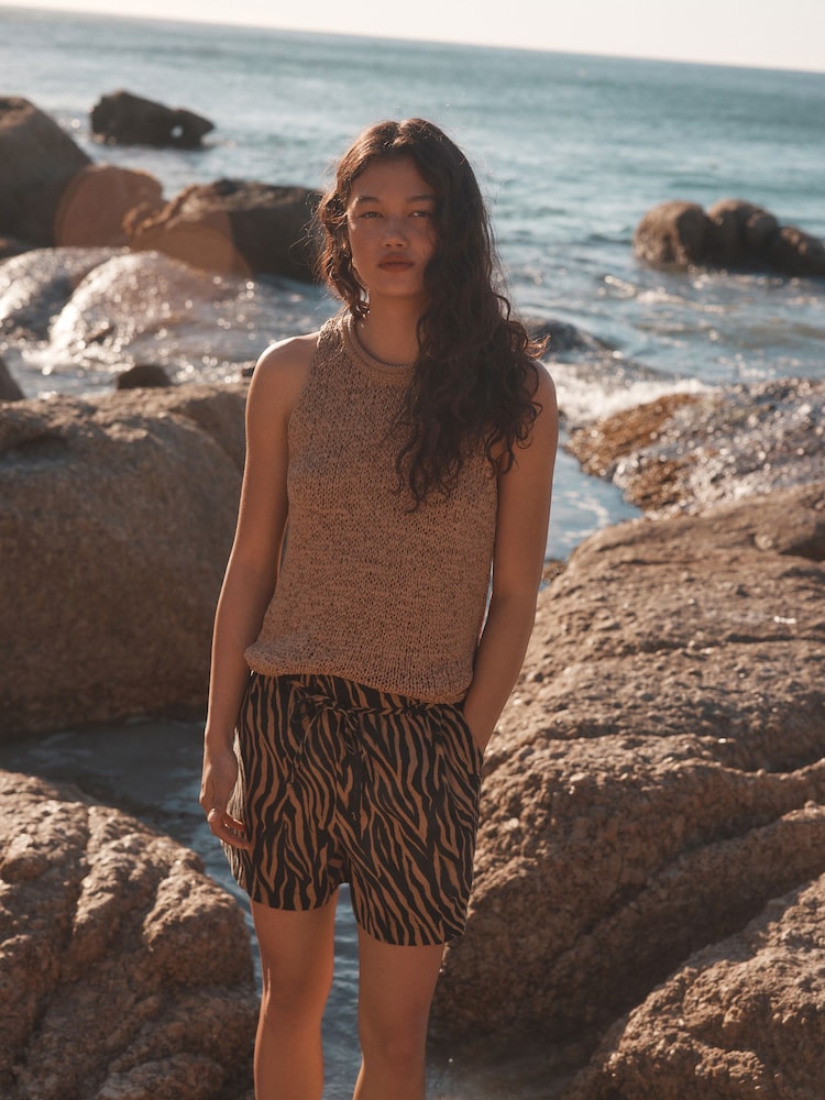 Zebra Print Tie Waist Linen Blend Boy Shorts - Image 3 of 4