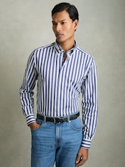 Reiss Blue Stripe Tobin Striped Jersey Button-Down Shirt With Cotton - Image 1 of 7